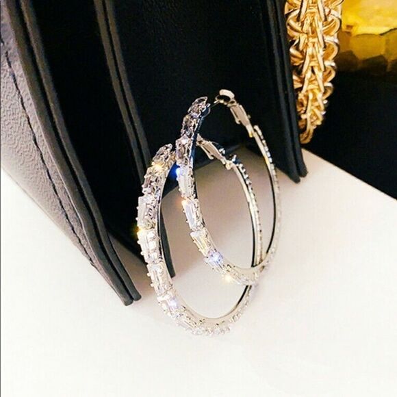 18kt White Gold PLATED CZ Diamond Hoop Earrings - Picture 2 of 9